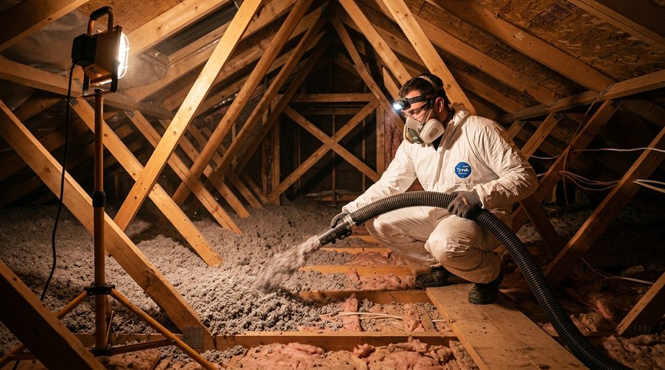 Insulation contractor blowing cellulose insulation in a residential attic in Smiths Falls, Ontario
